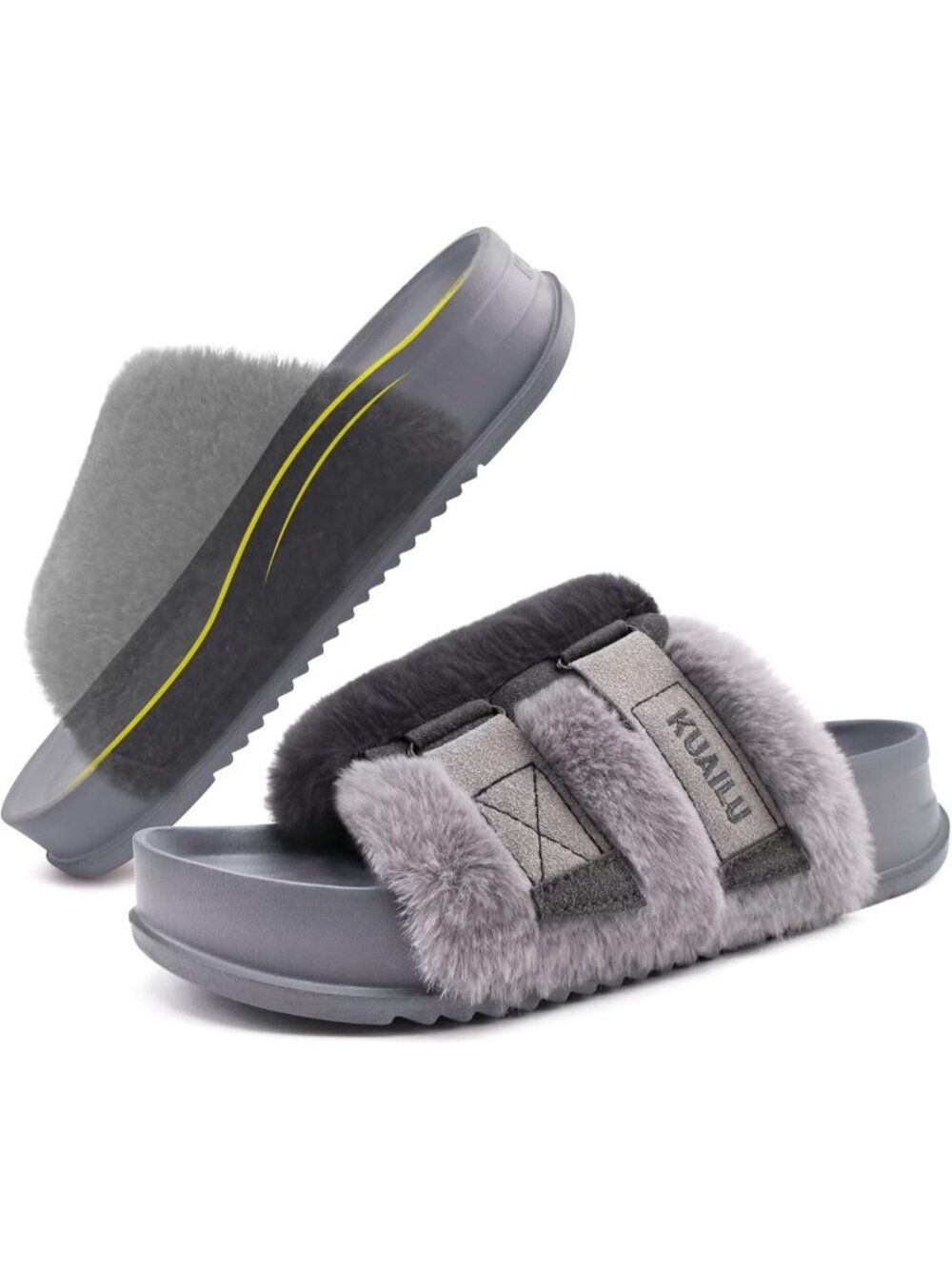 Women's Grey Soft Cushioned & Adjustable Fuzzy Faux Fur Home Slippers Slides